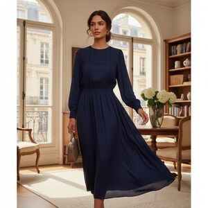 Good Hart Womens Navy Blue Smocked V-Neck Midi Dress Long Sleeve Embroidered M